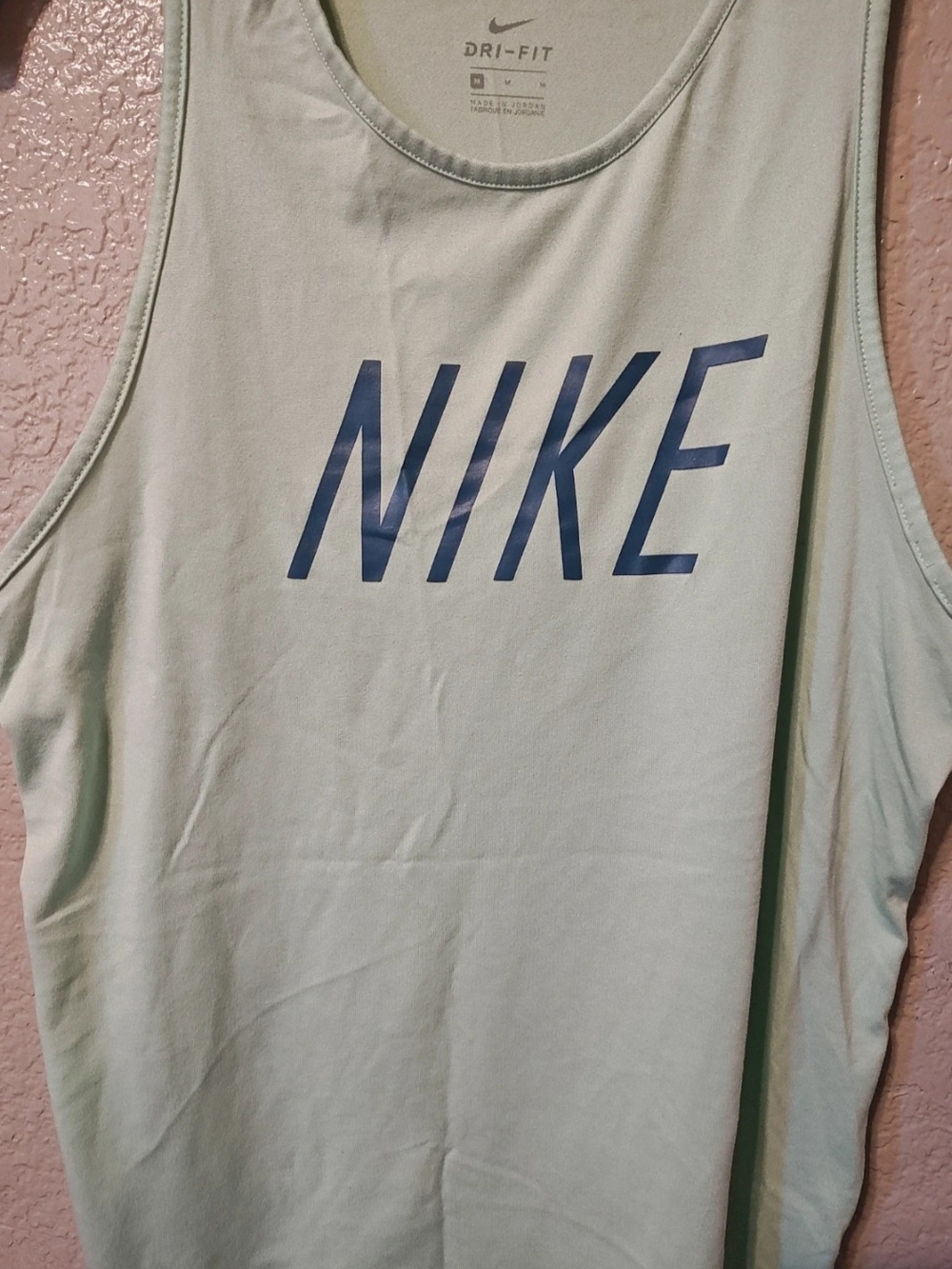 Nike Men's Light Green Dri-FIT Tank Top with Navy Logo